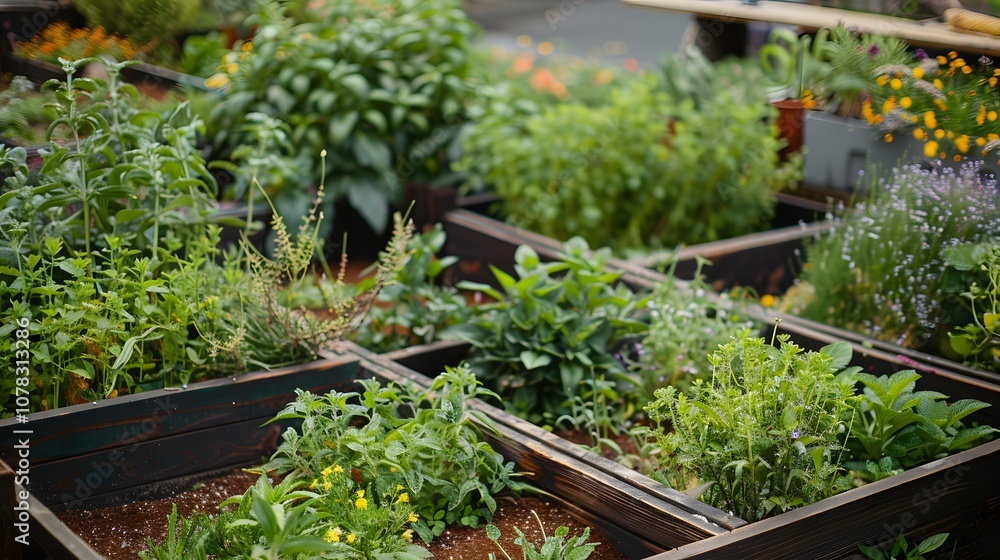 Lush Urban Garden Featuring Fresh Herbs and Colorful Flowers in Wooden Planter Boxes, Showcasing Vibrant Colors and Natural Beauty in a Community Space Lush Urban Garden Featuring Fresh Herbs and Colorful Flowers in Wooden Planter Boxes, Showcasing Vibrant Colors and Natural Beauty in a Community Space
