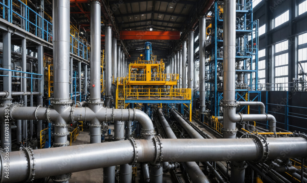 A large industrial facility with numerous large pipes and supporting structures A large industrial facility with numerous large pipes and supporting structures