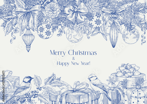 Toile Christmas illustration with bows toys fir twigs pinecone holly mistletoe balls gift boxes birds Blue beige Hand drawn vector background with borders for design holiday decor greeting card poster