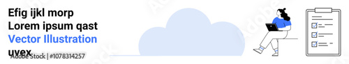 Cloud icon, woman using a laptop, checklist on clipboard, text elements in black and blue. Ideal for tech, organization, project management, cloud services, productivity, remote work, digital apps