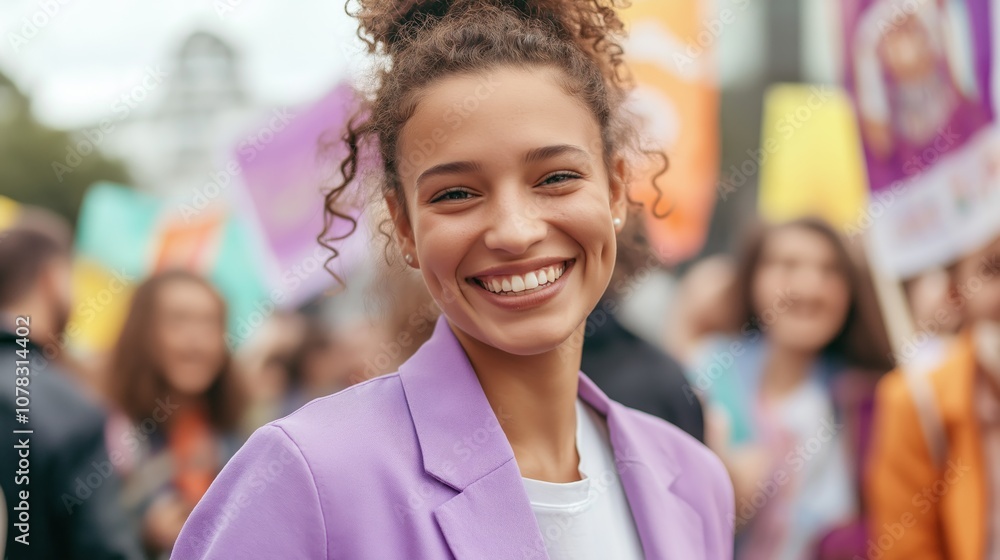 Young female politician in vibrant outdoor rally scene for political campaigns and activism Young female politician in vibrant outdoor rally scene for political campaigns and activism