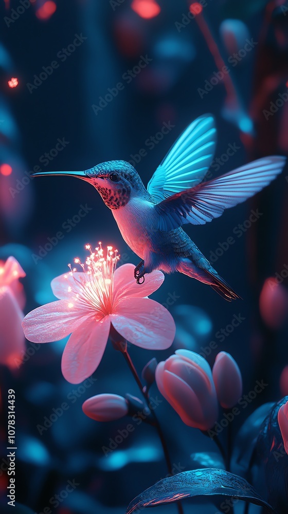 Fototapeta premium A blue hummingbird hovers over a glowing pink flower with a blue and red background.