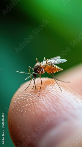 A mosquito feeding on a human finger. AI.