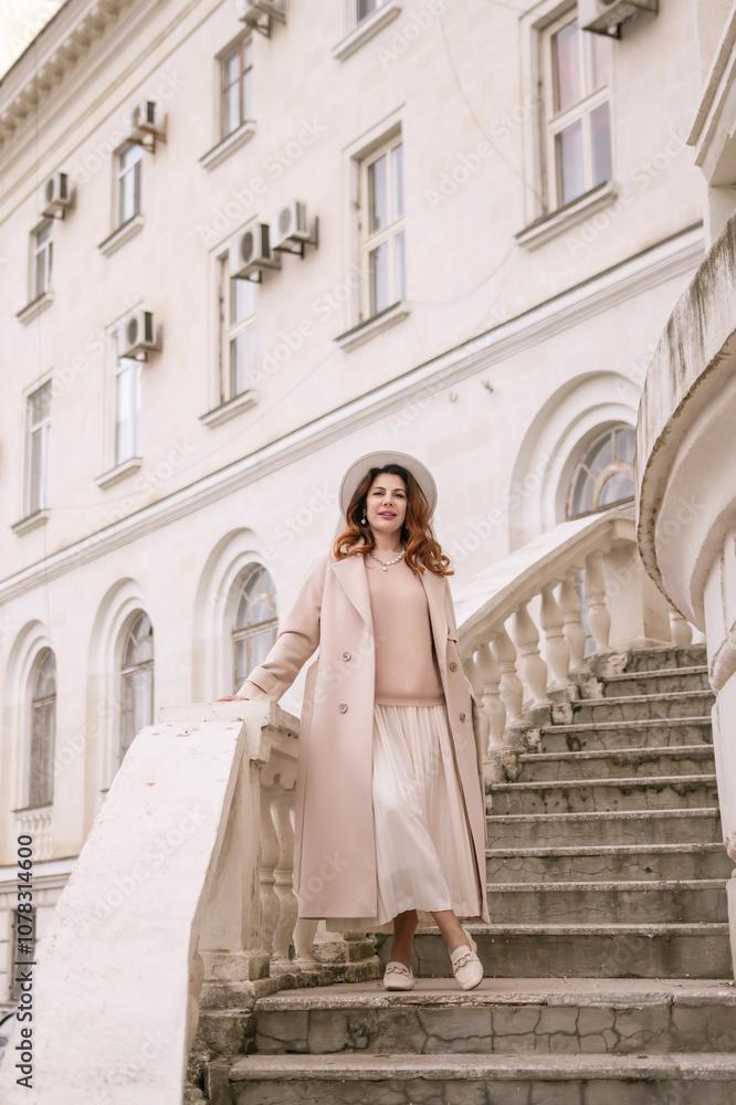 woman in elegant coat and hat against an intricate architectural backdrop, harmoniously blending modern fashion with historical allure. The soft daylight adds to its timeless appeal. woman in elegant coat and hat against an intricate architectural backdrop, harmoniously blending modern fashion with historical allure. The soft daylight adds to its timeless appeal.