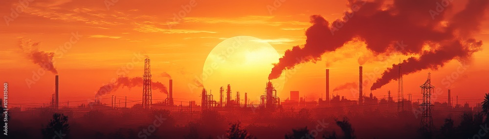 Fototapeta premium Industries contribute to air pollution as the sun sets over a smoky horizon