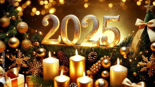 2025 New Year Celebration | Golden Glittering 3D Animation with Festive Particles seamless loop
