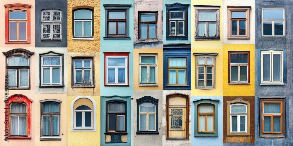 Obraz premium A collage of colorful windows showcasing diverse architectural styles and designs.
