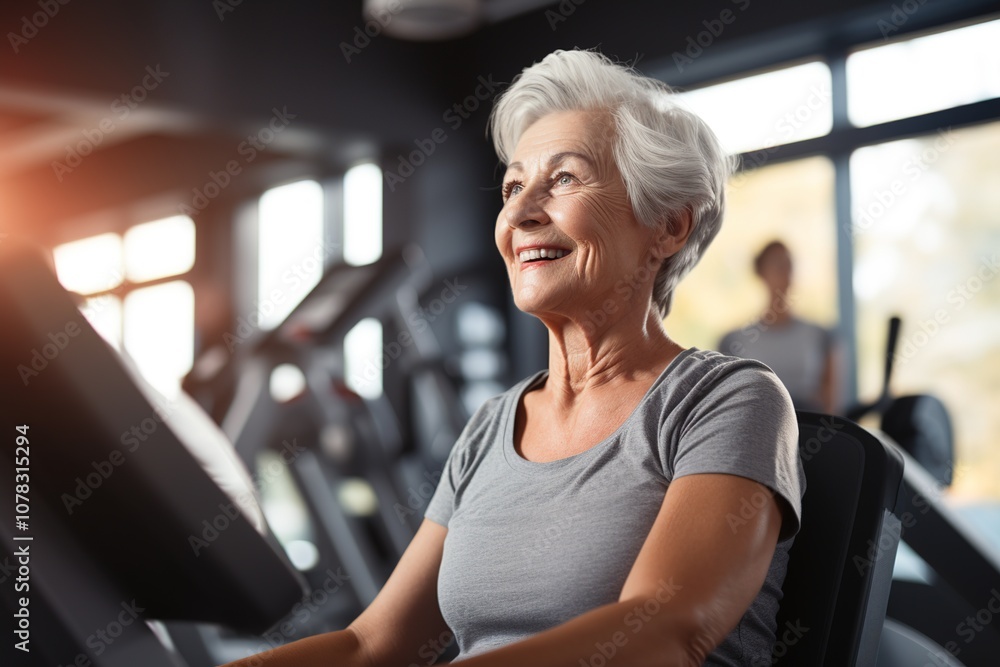 happy stylish senior woman with short hair doing sports in the gym happy stylish senior woman with short hair doing sports in the gym