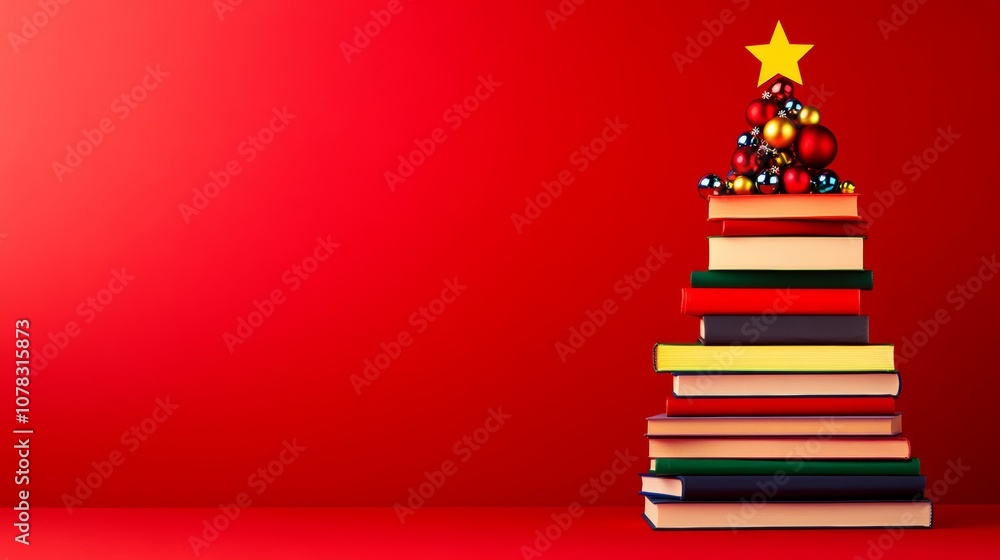 Christmas tree made out of books with a star on top. The books are stacked in a pyramid shape Christmas tree made out of books with a star on top. The books are stacked in a pyramid shape
