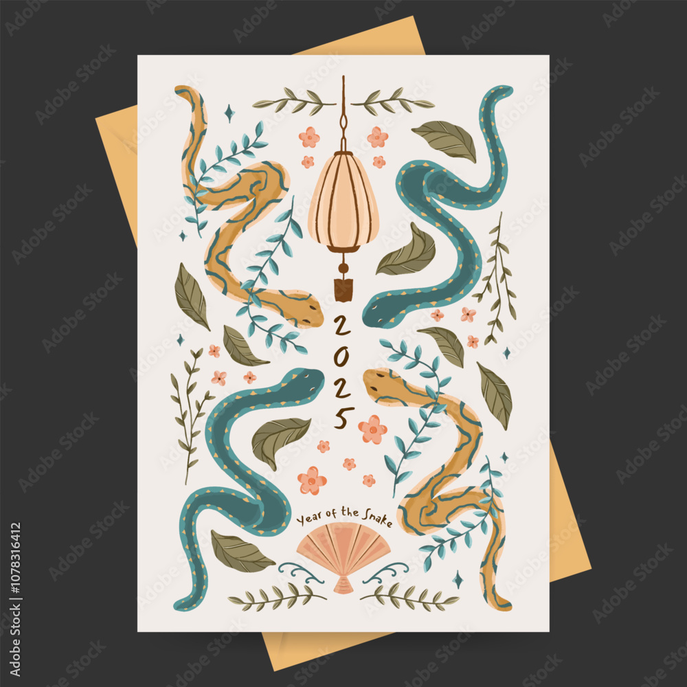 Chinese new year, year of the snake illustration with flowers, plant and oriental ornament for greeting card, poster, or banner. Chinese new year, year of the snake illustration with flowers, plant and oriental ornament for greeting card, poster, or banner.