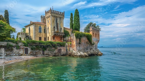 Italian Coast. Ancient Coastal Building in Punta San Vigilio, Garda Lake, Verona, Veneto photo