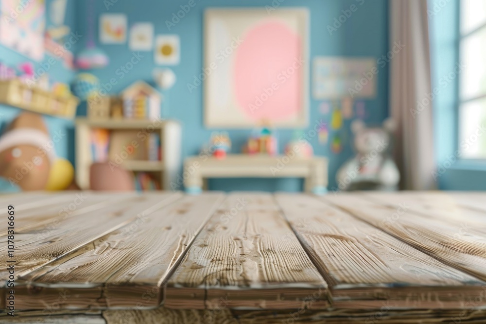 Kids At Desk. Modern Home Interior with Empty Wooden Table for Product Presentation Kids At Desk. Modern Home Interior with Empty Wooden Table for Product Presentation