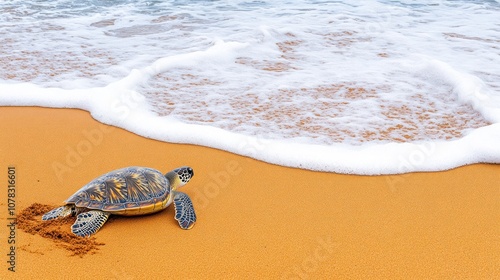 A turtle crawls on a sandy beach near the ocean waves. photo