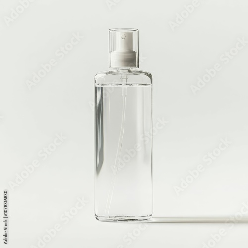 Clear glass bottle with white sprayer.