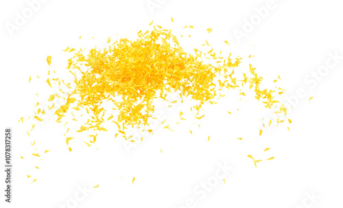 Yellow Marigold petals falling romantic white background isolated with yellow marigold flower petals flying. Religious floral spring season, ritual invitation yellow marigold petals in mid air photo