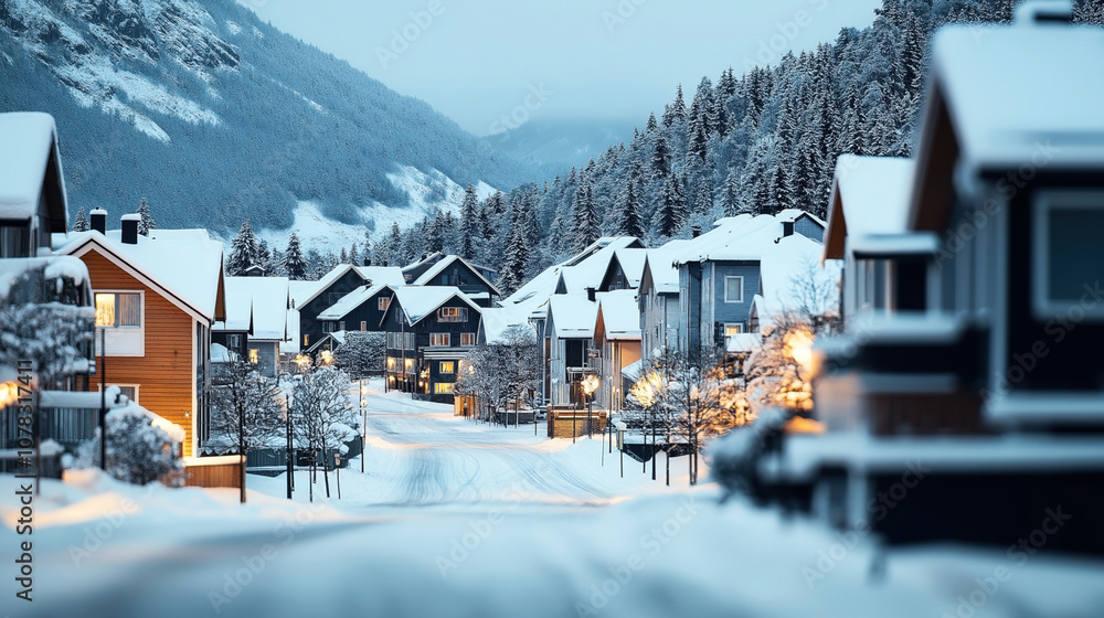 Snow-covered village street with wooden houses and street lamps at dusk in a mountainous area with pine trees.