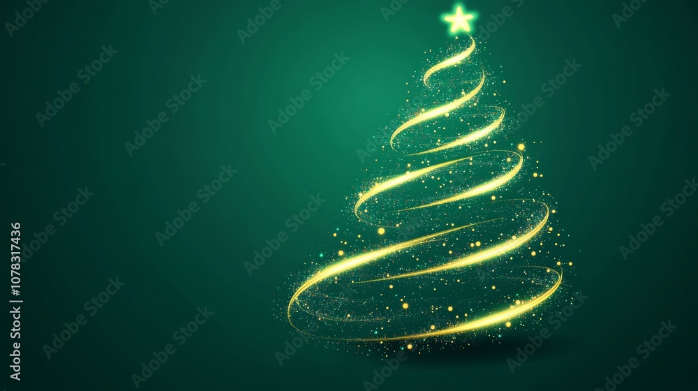 Christmas tree with a star on top and a gold ribbon. The tree is surrounded by a green background Christmas tree with a star on top and a gold ribbon. The tree is surrounded by a green background