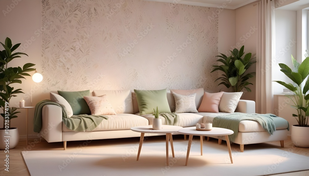 Fototapeta premium Scandinavian living room interior design zoom background,Doodle Galaxy patterned wallpaper graphics