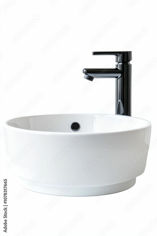 White circular sink with black faucet. White circular sink with black faucet.