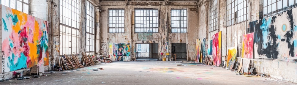 Fototapeta premium Empty art studio with large windows and colourful paintings on the walls.