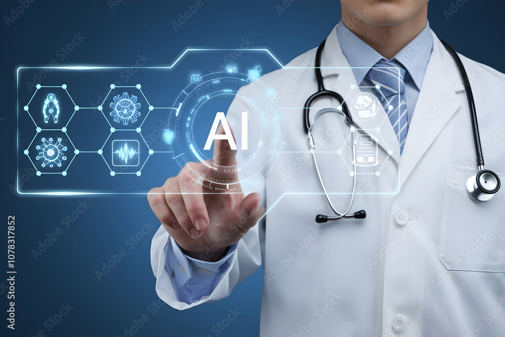 Doctor gestures toward AI hologram on blue, merging healthcare with advanced tech Doctor gestures toward AI hologram on blue, merging healthcare with advanced tech