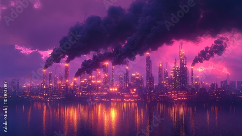 Dramatic industrial skyline illuminated by vibrant reflections and smoke at dusk