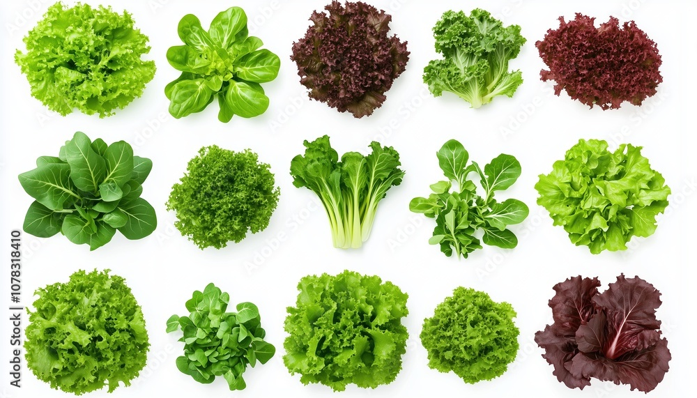 A diverse selection of lettuce and salad leaves arranged on a white background A diverse selection of lettuce and salad leaves arranged on a white background