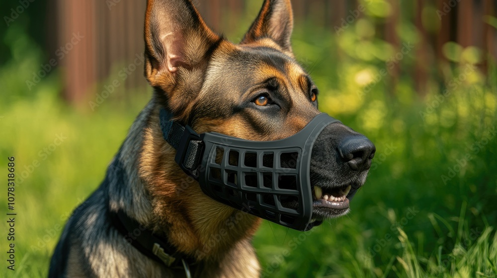 An obedient German Shepherd wearing a breathable muzzle, standing on green grass. An obedient German Shepherd wearing a breathable muzzle, standing on green grass.