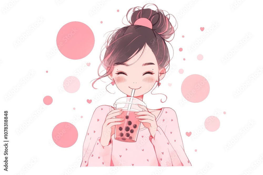 adorable anime girl enjoying a pink tasty bubble tea drink with tapioca on white background adorable anime girl enjoying a pink tasty bubble tea drink with tapioca on white background