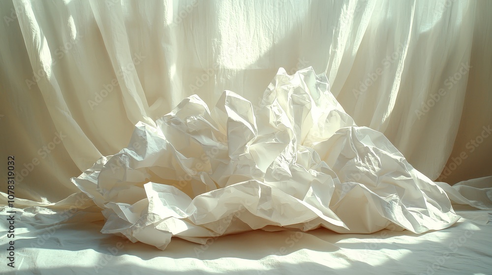 A crumpled white fabric resembling abstract mountains in soft lighting. A crumpled white fabric resembling abstract mountains in soft lighting.