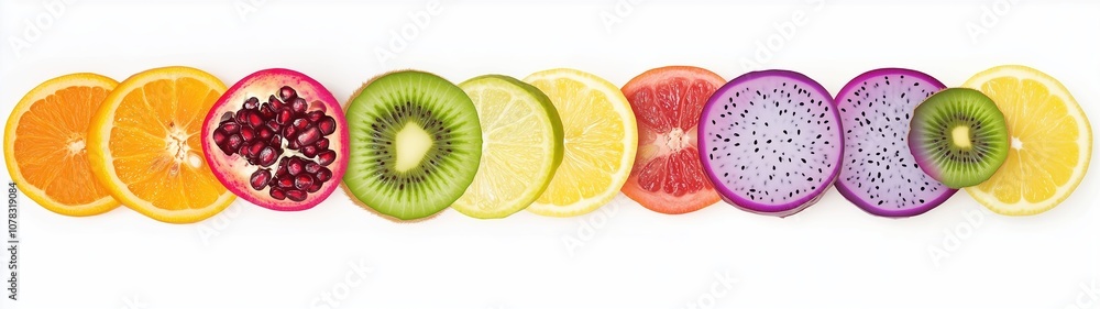 A vibrant rainbow of sliced fruits arranged creatively on a white background A vibrant rainbow of sliced fruits arranged creatively on a white background