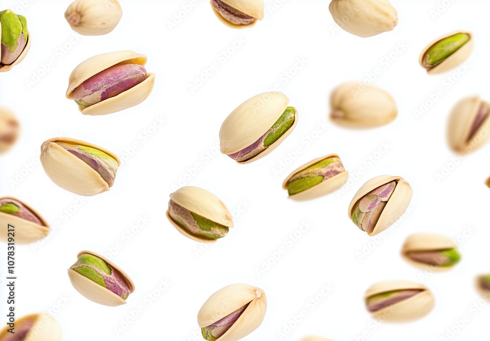 Fresh pistachios scattered vividly against a clean white background for culinary use Fresh pistachios scattered vividly against a clean white background for culinary use