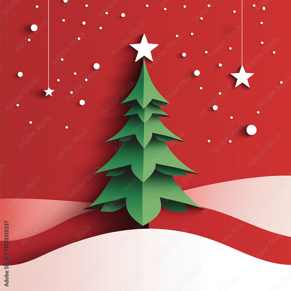 3d christmas tree in red backround with snow 3d christmas tree in red backround with snow