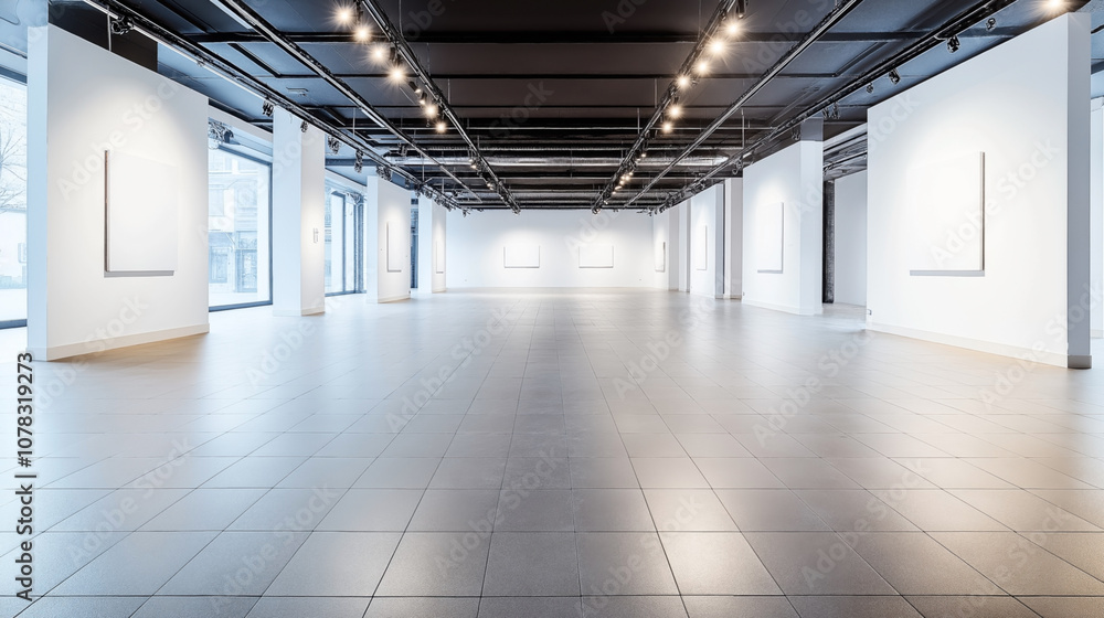 Spacious modern art gallery interior with white walls, tiled floor ...
