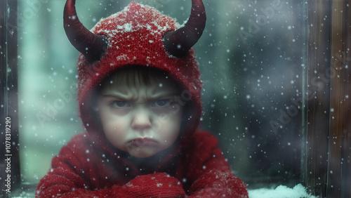 A child dressed in a red hoodie with devil horns looks displeased while gazing outside at the falling snow