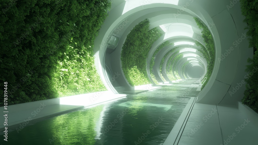 Fototapeta premium Explore the serene beauty of a lush green waterway in modern architecture