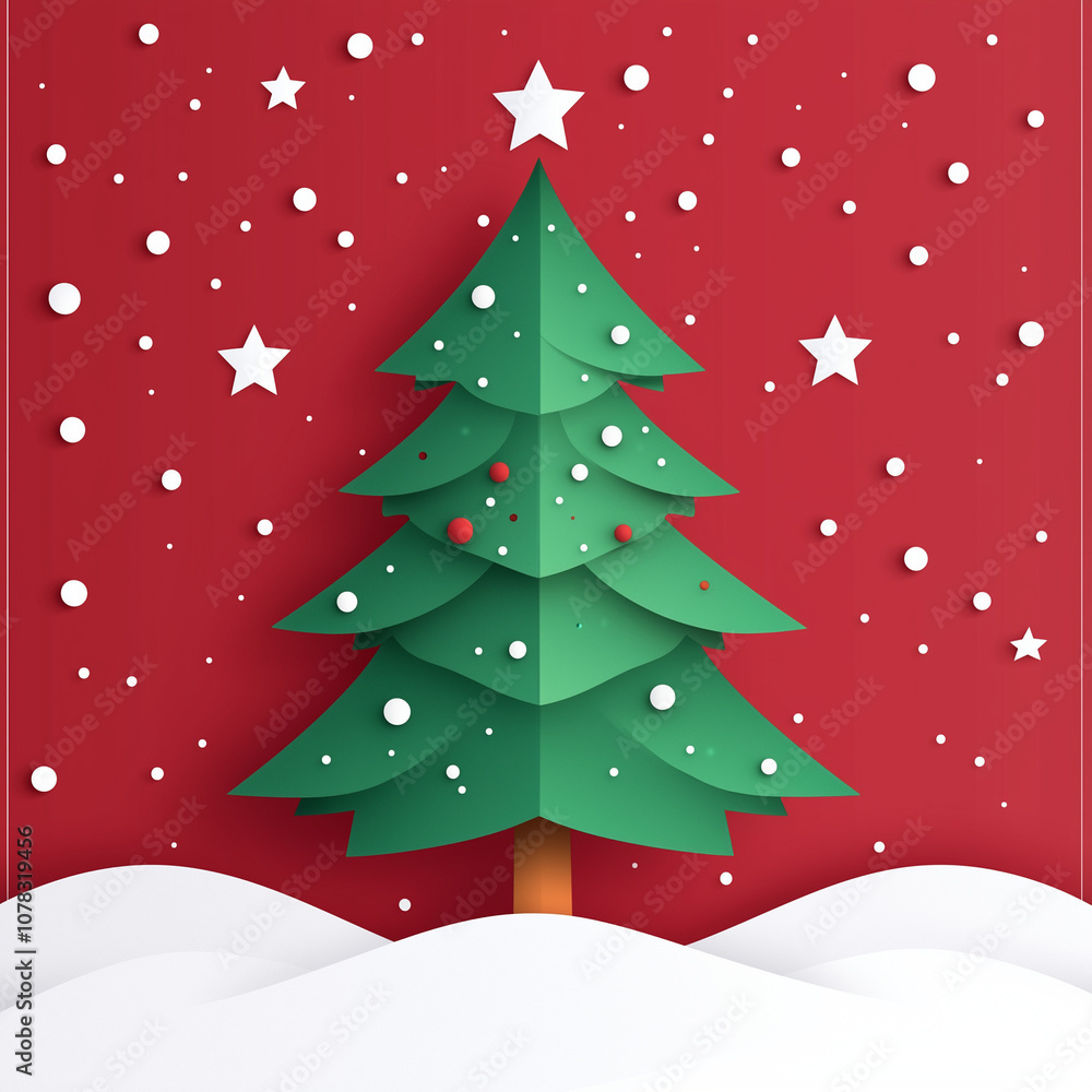 3d christmas tree in red background with snow 3d christmas tree in red background with snow