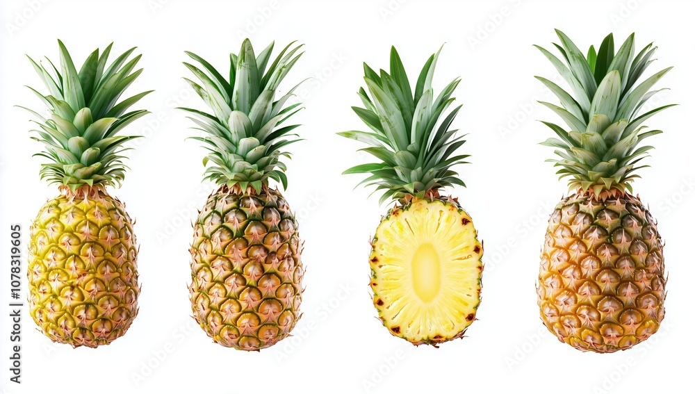 Exploring four varieties of pineapple showcasing their unique features and colors Exploring four varieties of pineapple showcasing their unique features and colors