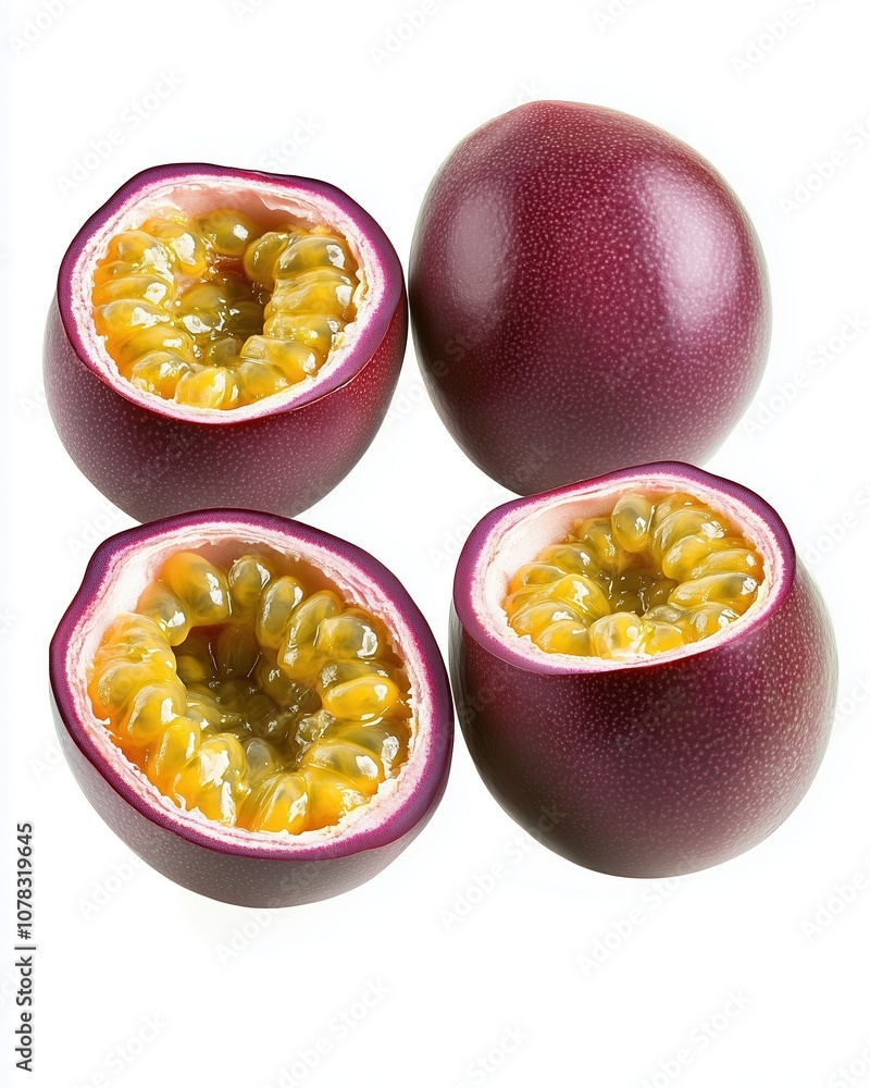 Fresh passion fruit cut in half, showcasing vibrant yellow pulp on a white background Fresh passion fruit cut in half, showcasing vibrant yellow pulp on a white background
