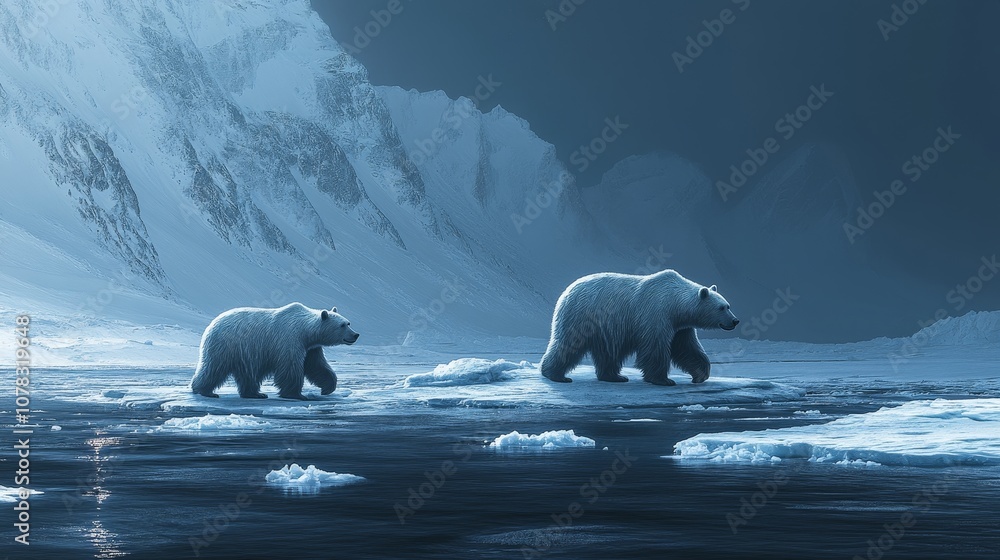 Polar bears roam gracefully across icy landscape in stunning arctic wilderness Polar bears roam gracefully across icy landscape in stunning arctic wilderness