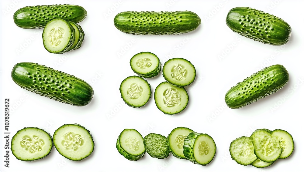 Fresh cucumbers sliced and whole arranged isolated on a clean white background Fresh cucumbers sliced and whole arranged isolated on a clean white background
