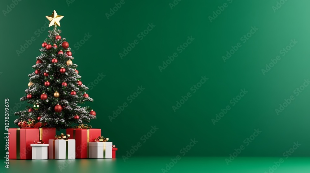 Christmas tree with red and gold ornaments sits in front of a green wall. The tree is surrounded by several boxes, which may contain gifts. The scene conveys a festive and joyful atmosphere Christmas tree with red and gold ornaments sits in front of a green wall. The tree is surrounded by several boxes, which may contain gifts. The scene conveys a festive and joyful atmosphere