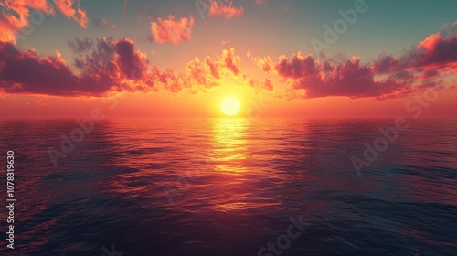 A breathtaking sunset over the ocean, with the sun sinking below the horizon and casting a warm glow on the water. 