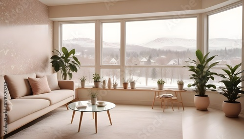 Scandinavian living room interior design zoom background,Doodle Galaxy patterned wallpaper graphics