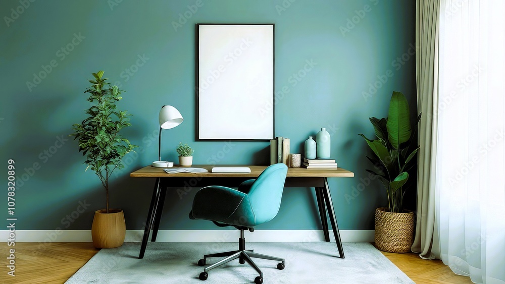 A minimalist home office with a soft blue accent wall, featuring a sleek dark teal desk, clean lines, and simple decor A minimalist home office with a soft blue accent wall, featuring a sleek dark teal desk, clean lines, and simple decor