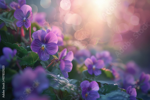 close-up of small violet flowers in the morning light photo