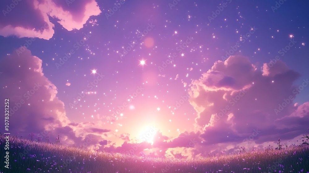 Obraz premium Magical anime world with glowing stars and a radiant sky