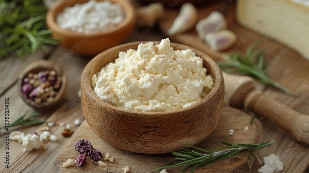 Close-up of a wooden bowl filled with ricotta cheese. Close-up of a wooden bowl filled with ricotta cheese.