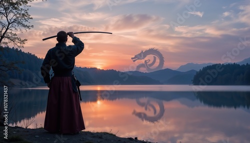 Samurai practicing kendo at lake with dragon silhouette at sunset