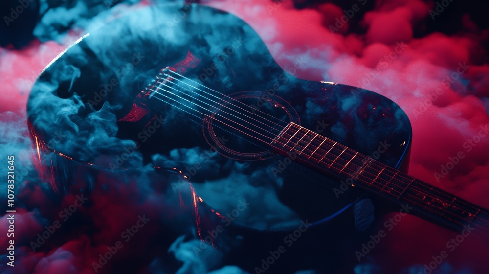 Obraz premium Black acoustic guitar lying on a stage surrounded by blue and red smoke, creating a dramatic and evocative atmosphere for music, concerts, and entertainment